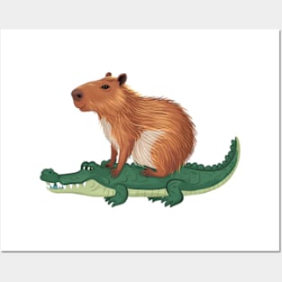 Funny Capybara Riding On a Crocodile Posters and Art